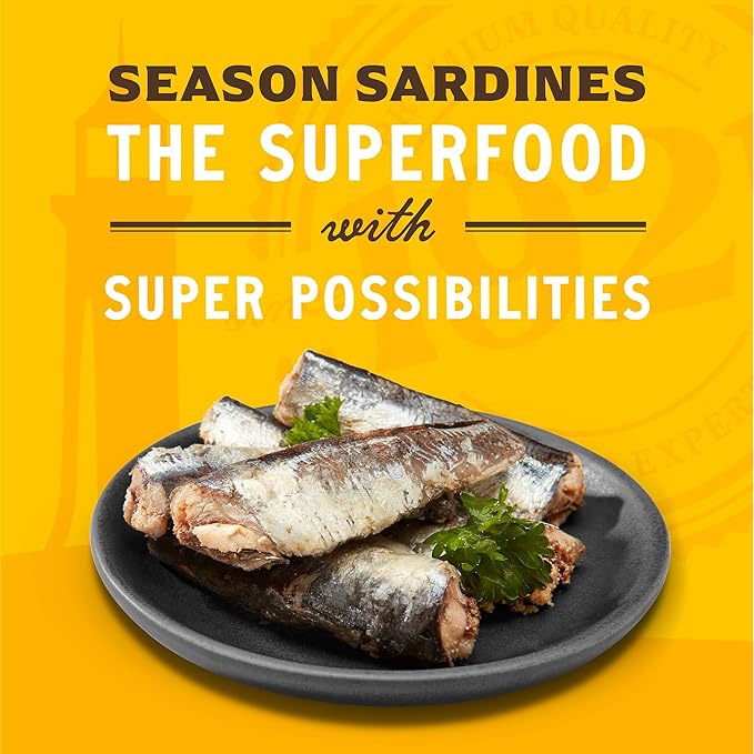 Season Sardines in Extra Virgin Olive Oil - Wild Caught, 22g of Protein, Keto Snacks, More Omega