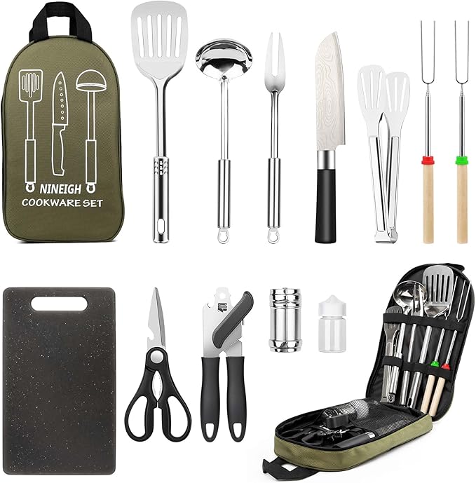 Camping Cooking Utensils Set, Stainless Steel Grill Tools, Camping BBQ Cookware Gear and Equipment