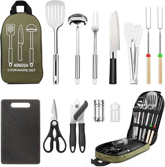 Camping Cooking Utensils Set, Stainless Steel Grill Tools, Camping BBQ Cookware Gear and Equipment