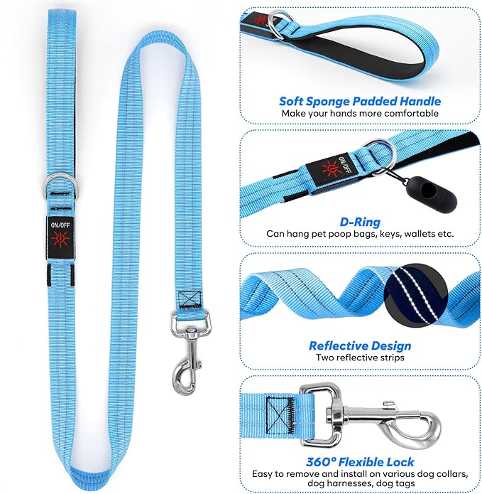 4 Ft LED Dog Leash, Rechargeable Light Up, Waterproof, Glow In The Dark, Nylon Reflective With