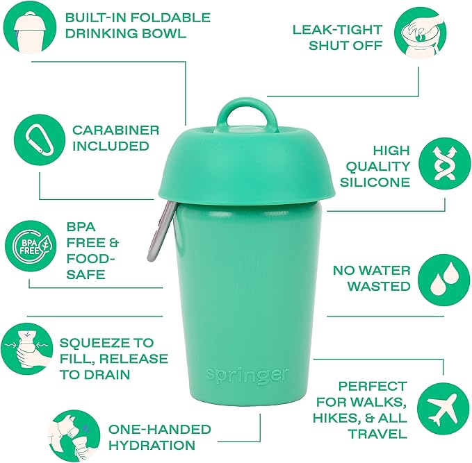 Springer Flip Portable Dog Water Bottle with Foldable Food Grade Silicone Bowl - 20 Ounce Travel