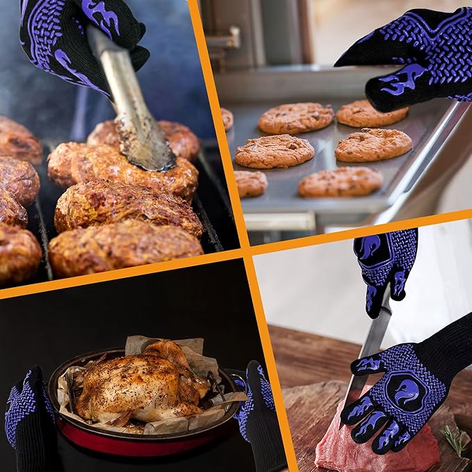 BBQ Fireproof Gloves, Grill Cut-Resistant Gloves 1472°F Heat Resistant Gloves, Non-Slip Silicone