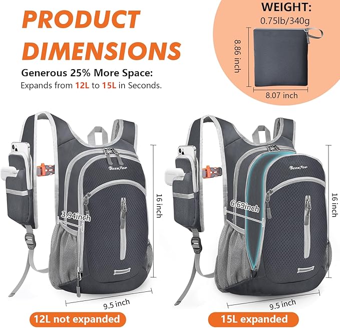 Seektop Small Hiking Backpack 12L to 15L Expandable Travel Packable Waterproof Daypack Lightweight