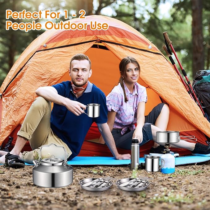 15 Pcs Camping Cookware Mess Kit Outdoor Cooking Set Stainless Steel with Pot and Pan Kit 2 Set