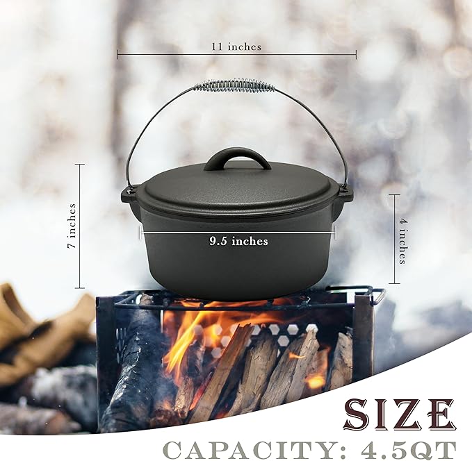 Cuisiland 4.5QT Cast Iron Dutch Oven with Dome Lid & Bail Handle – Pre-Seasoned Campfire Pot for