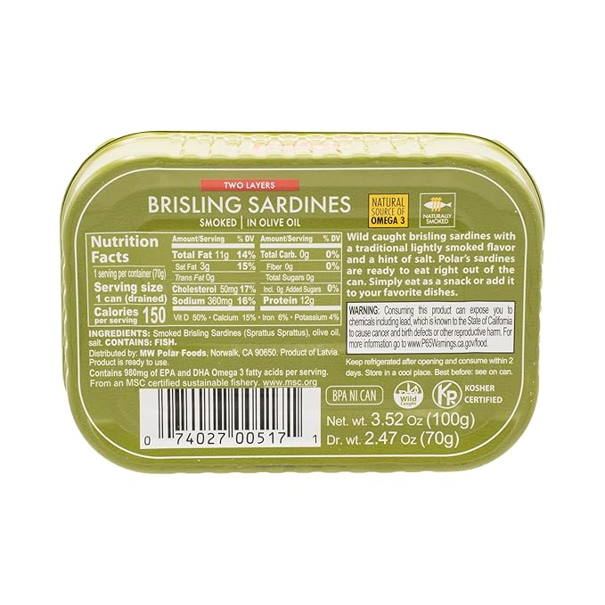 MW Polar Smoked Brisling Sardines, Wild Caught, in Olive Oil, 3.52-Ounce (Pack of 1)