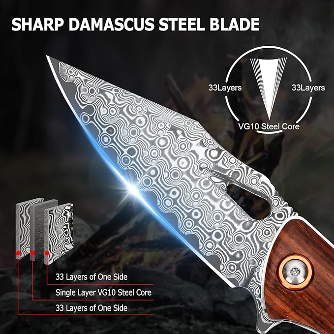AUBEY Damascus Folding Knife with Clip, Pocket Knife with Wood Handle, EDC Knife for Outdoor Hiking