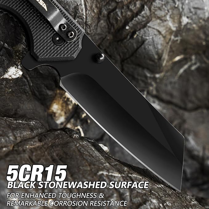 FLISSA Folding Knife, 4-3/4" Reverse Tanto Folding Pocket Knife, Black Stonewash Blade, G10 Handle
