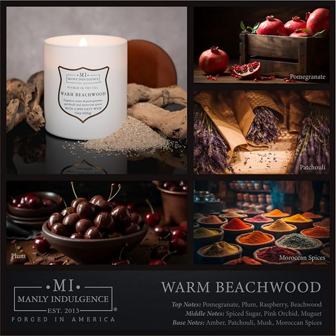 Manly Indulgence Warm Beachwood Scented Candles for Men, 15 oz Wooden Wick, Premium Soy Blend Wax