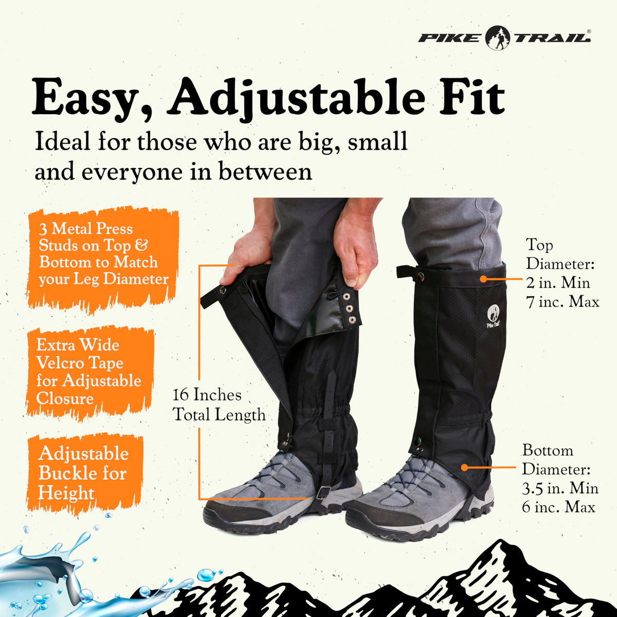 Pike Trail Adjustable Leg Gaiters - Lightweight, Waterproof - Leg Guards for Men & Women - Hiking