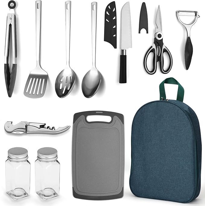 Evanda Camping Kitchen Cooking Utensil Set 10 Piece, Stainless Steel Outdoor Cooking and Grilling
