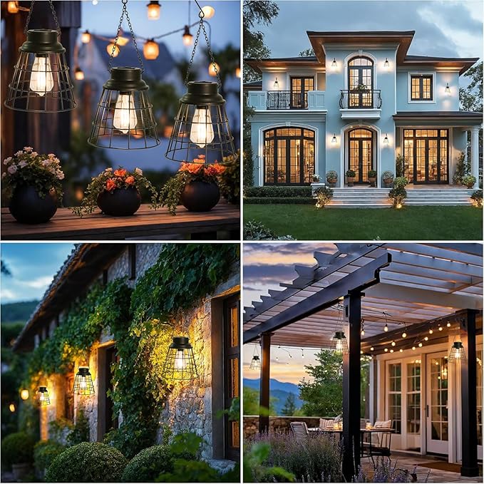 2 Pack Solar Lanterns Outdoor Waterproof , Metal Cage Design with Replaceable LED Bulb, Waterproof