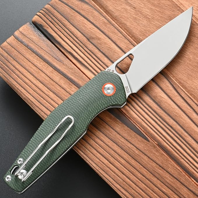 FF5 Folding Pocket Knife, DC53 Steel Blade Micarita Handle with Pocket Clip for Outdoor Camping