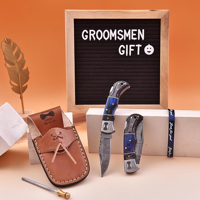 Set of 6 - Personalized Damascus Pocket Knife for Groomsmen -With Leather Sheaths - Custom Engraved