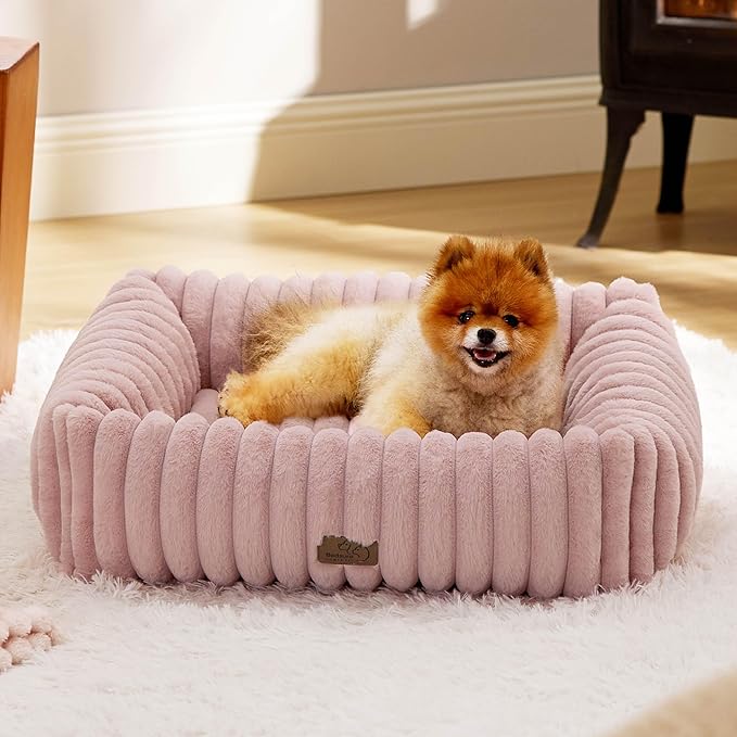 Bedsure Cute Dog Bed for Small Medium Dogs - Washable Furry Puppy Beds, Rectangle Orthopedic