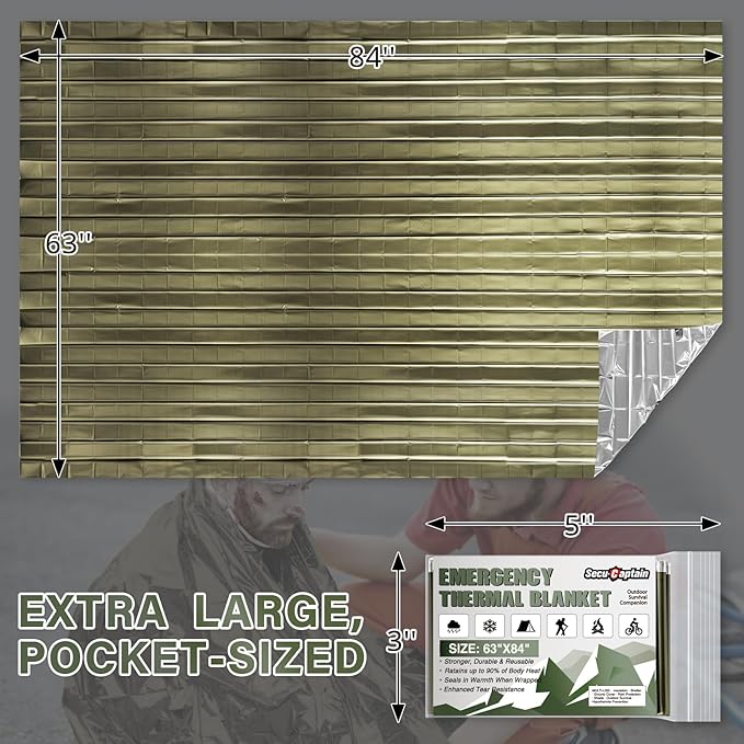 SecuCaptain Survival Emergency Thermal Blankets: Extra Large 84??x63??Space Mylar Blanket Kit for