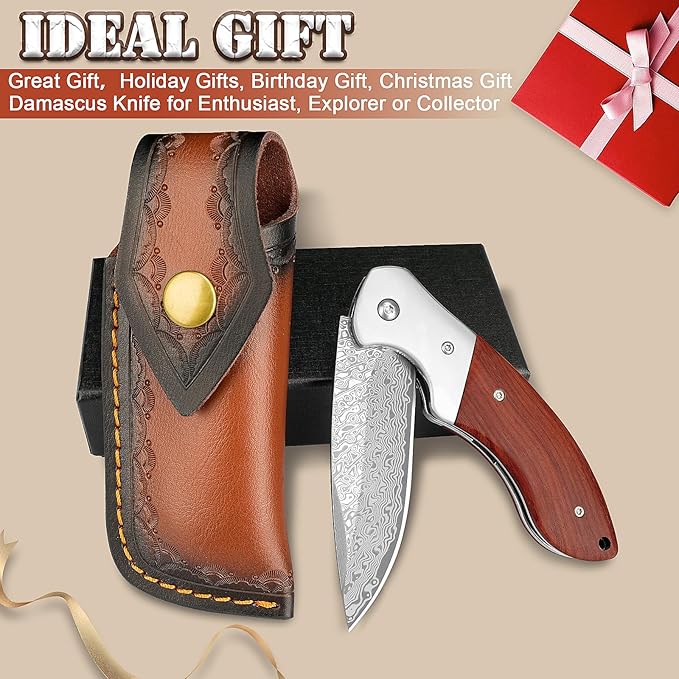 KOMWERO Damascus Pocket Knife, Sharp Damascus Steel Knife with Core VG10 Steel Blade Wood Handle