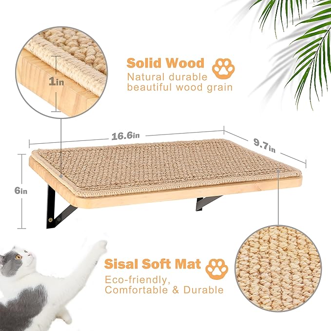 Cat Floating Wall Shelf with Scratching Mat, 1PC 9.7X16.6 Inch Large 1 Inch Thick Wood Cat Window