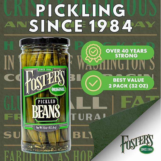 Foster's Pickled Green Beans in a Jar, Original, 16oz, 2 Pack, Traditional Pickled Vegetables