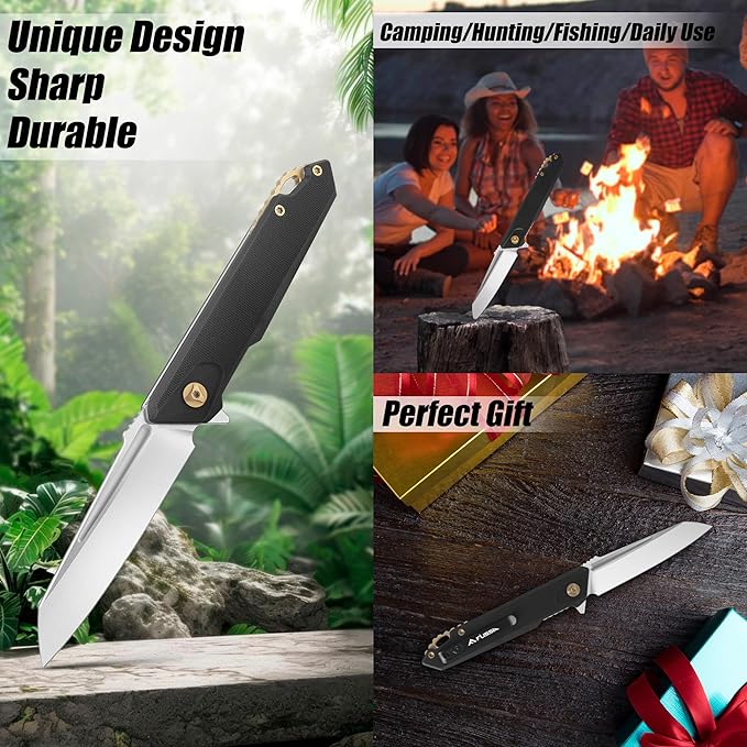 FLISSA Folding Pocket Knife, EDC Knife with D2 Steel Blade and G10 Handle, Pocket Clip, Suitable