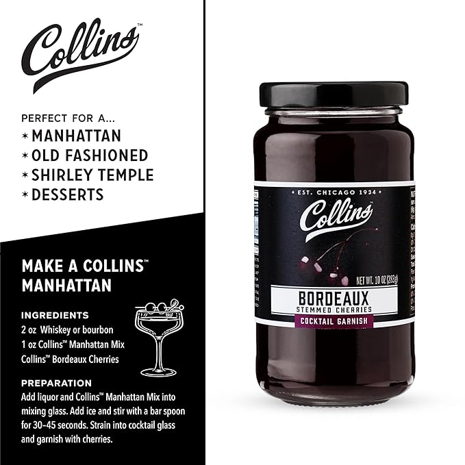 Collins Stemmed Black Cherries for Cocktails, Old Fashioned, Manhattan, and Whiskey Sour, Cocktail