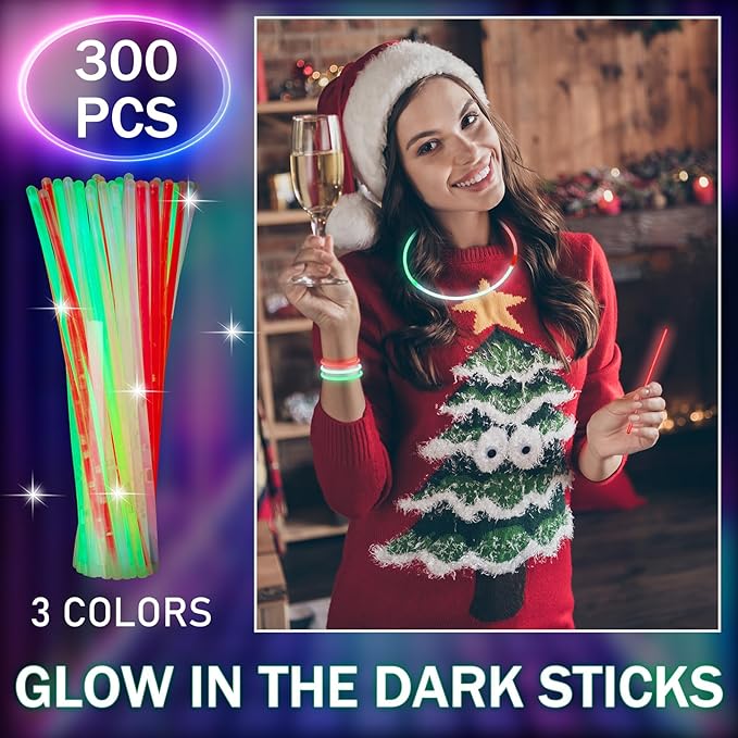Hanaive 300 Pcs Glow Sticks Bulk 8 Inch Glow in The Dark Party Favors Neon Bracelets and Necklaces