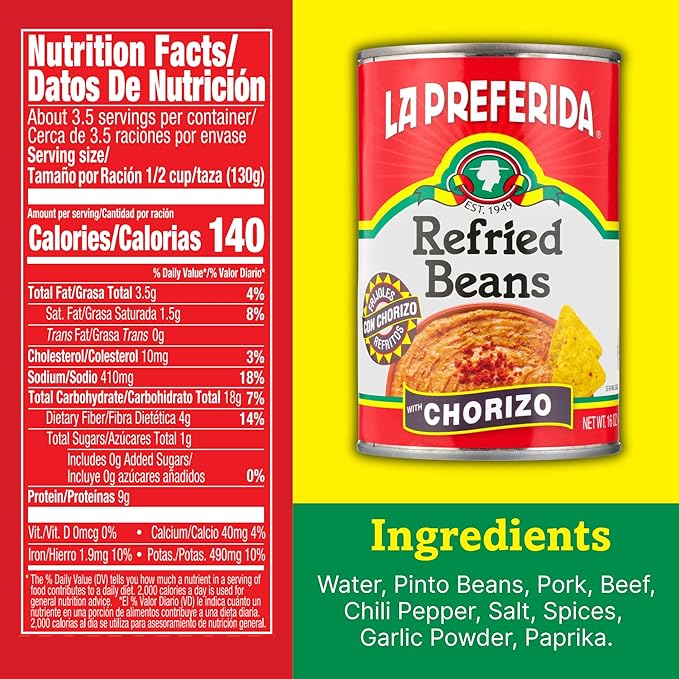 La Preferida Chorizo Refried Beans (Made with Real Pork & Beef, No Preservatives) ??Heat & Serve