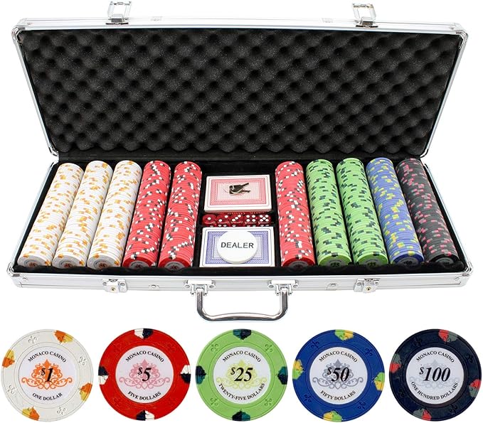 Poker Chips Set - 500pc Monaco Casino 13.5g Clay Poker Chips Set by Versa Games - Strong Aluminum