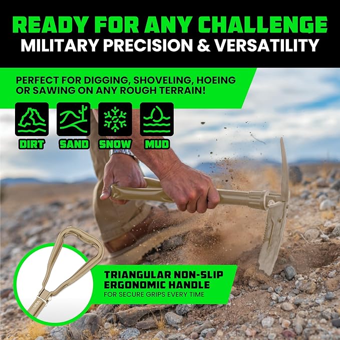 RHINO USA Folding Survival Shovel w/Pick - Heavy Duty Carbon Steel Military Style Entrenching Tool