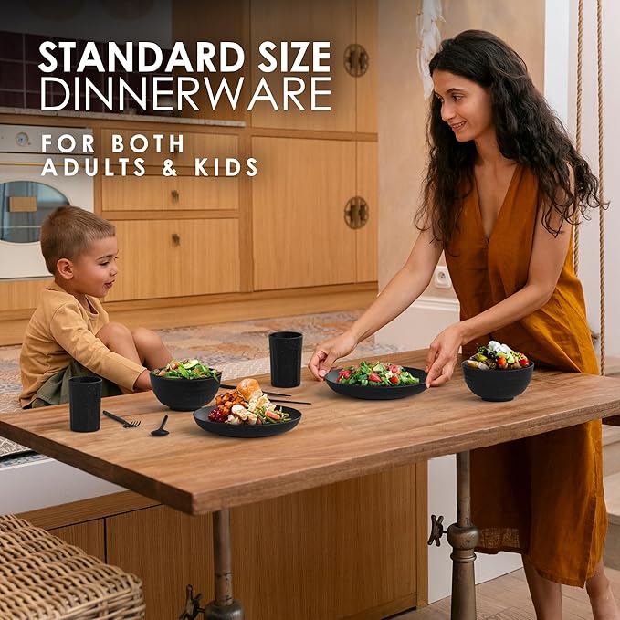 Wheat Straw Dinnerware Sets For 4 - Alternate To Black Plastic Dishes - Dishwasher Microwave Safe