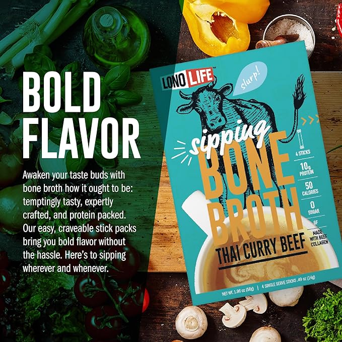 LonoLife Thai Curry Beef Bone Broth Powder Mix | Grass-Fed, 10g Protein | Collagen-Rich, Keto &