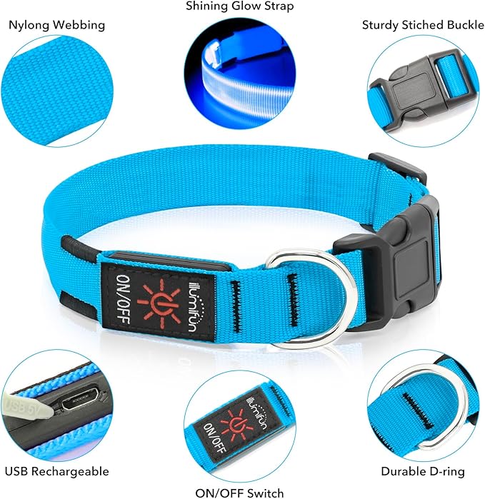 Illumifun LED Dog Collar, Adjustable Dog Light Up Collars, USB Rechargeable Safety Collar Light