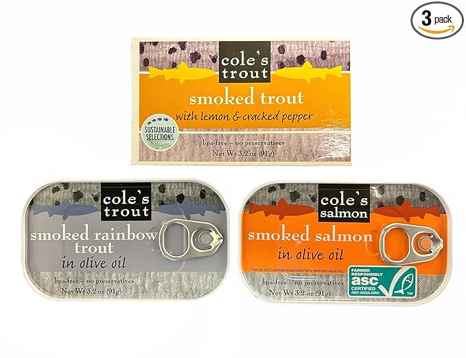 COLE'S Canned Seafood Variety Pack - Salmon, Rainbow Trout in Olive Oil & Trout with Lemon &