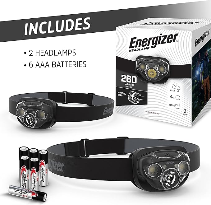 Energizer LED Headlamp PRO (2-Pack), IPX4 Water Resistant Headlamps, High-Performance Head Light
