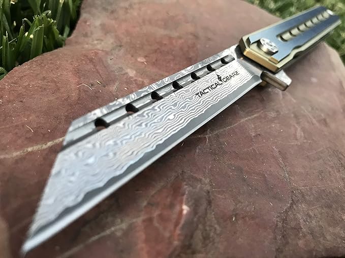 TACTICAL GEARZ Damascus Pocket Knife for EDC, Solid Titanium Handle, 67 Multi-Layered Damascus