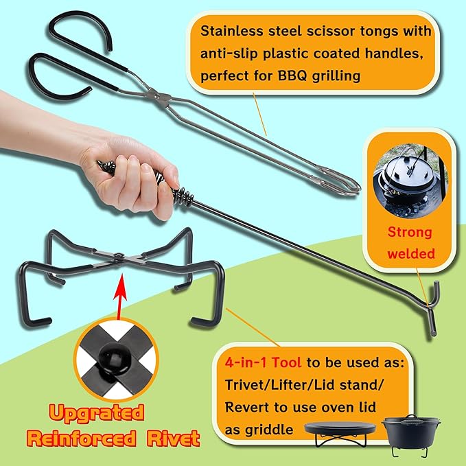 5-in-1 Dutch Oven Camping Accessories Kit - Campfire Cooking Equipment with Heat-Resistant Gloves