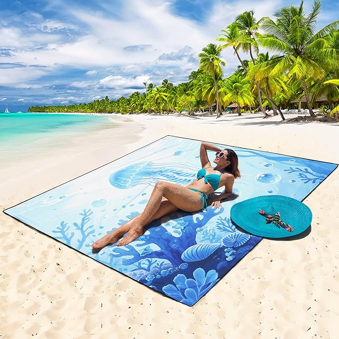 Beach Blanket Waterproof Sandproof Beach Mat 79" X 83"/10'x9'for 2-8 Adults Quick Drying Outdoor