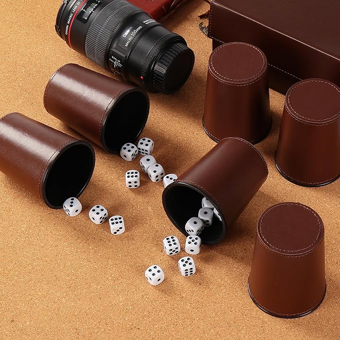 5X Dice Cup Set, PU Leather Dice Shaker Cups with 30 Dices for Bar Party Yahtzee Farkle Dice Games