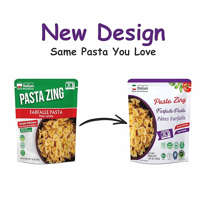 Pasta Zing Farfalle Pasta – Fully Cooked Bow Tie Pasta, Microwave Ready in 60 Seconds, Made with