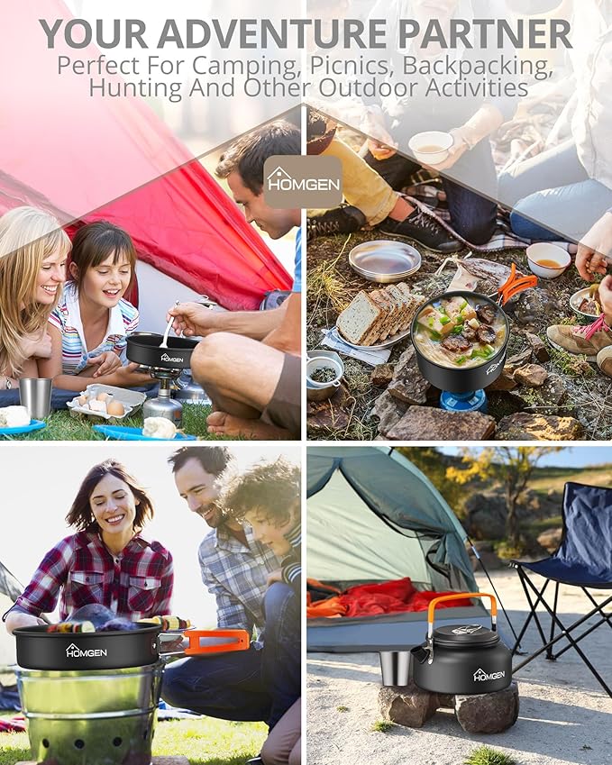 HOMGEN 12-Pieces Ultralight Anodized Aluminum Camping Cookware Set for 2 People - Nesting Pot/Pan