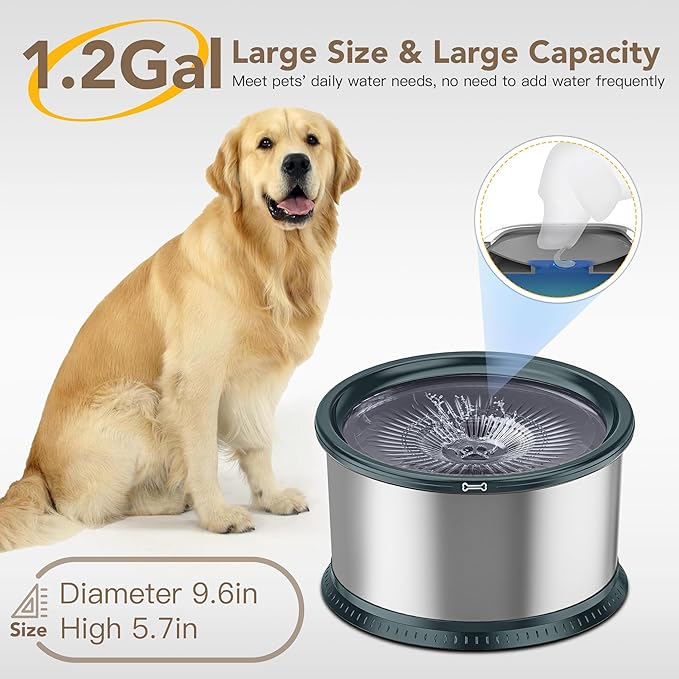 4.5L/1.2Gal Dog Water Bowl, No Spill Stainless Steel Slow Water Bowl for Medium Large Dogs, Large