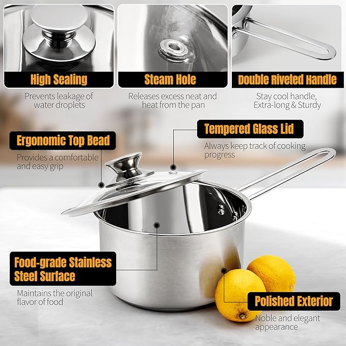 Aufranc Stainless Steel pots and pans set, 6 Piece Nonstick Kitchen Induction Cookware Set,Works