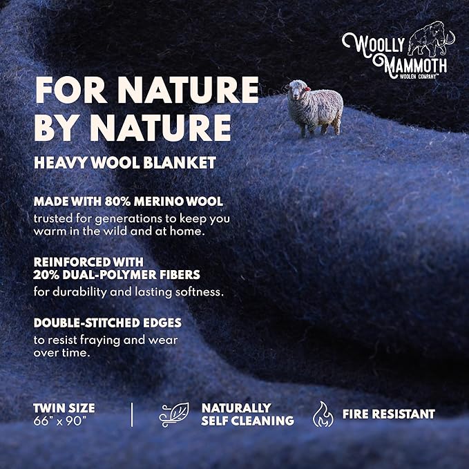 Woolly Mammoth Woolen Company Merino Wool Camping Blanket - 66" x 90", Navy Blue - Compact Design &