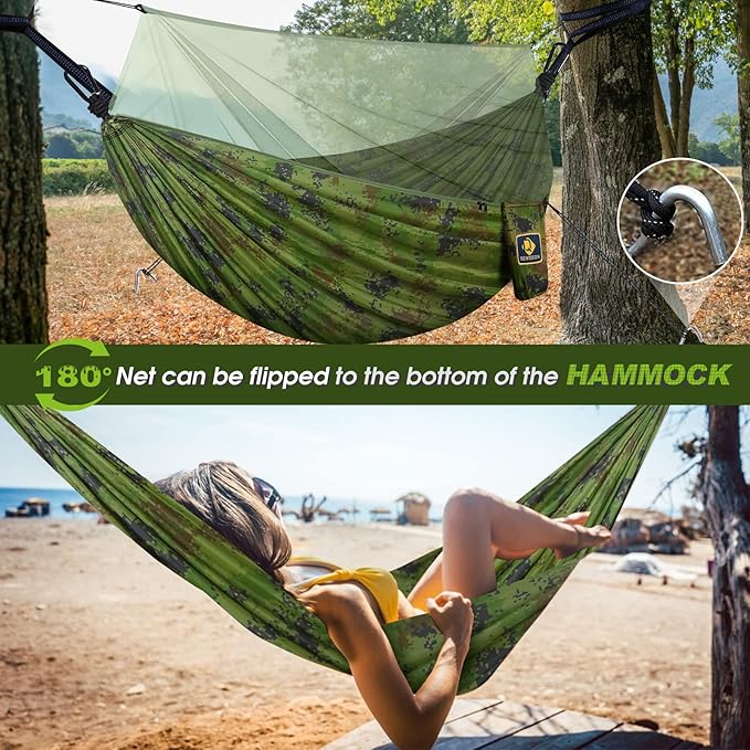 Camping Hammock with Net,Travel Portable Lightweight Hammocks with Tree Straps and Solid D-Shape