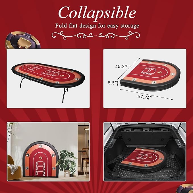 10 Players Oval Poker Table with Padded Rails, Folding Casino-Style Texas Wood Grain Game Poker
