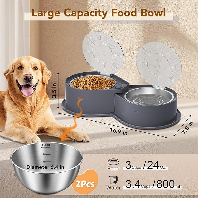 Stainless Steel Dog Bowl Set with Lids, 304 Metal Dual Food & Water Bowls for Dogs & Cats, Foldable