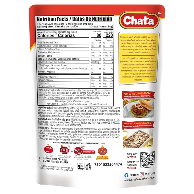 Chata Authentic Carne de Res Deshebrada, Seasoned Shredded Beef, 8 oz, Pack of 1