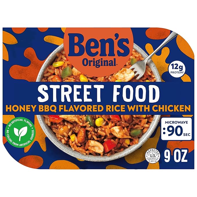BEN'S ORIGINAL Street Food Honey BBQ Flavored Rice with Chicken, Prepared Entrée, Microwave in 90