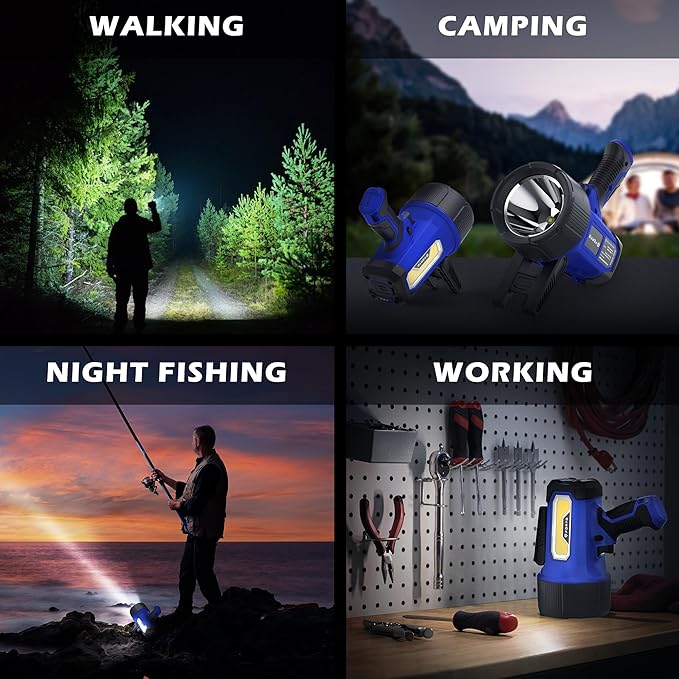 FORTO Rechargeable Spotlight Flashlight, 200000 Lumens Handheld Spotlight with Foldable Stand, 6