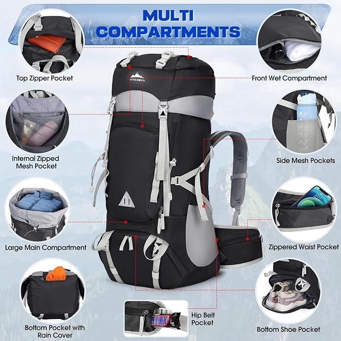 IGOLUMON 60L Hiking Backpack Waterproof Camping Backpack with Rain Cover Large Lightweight